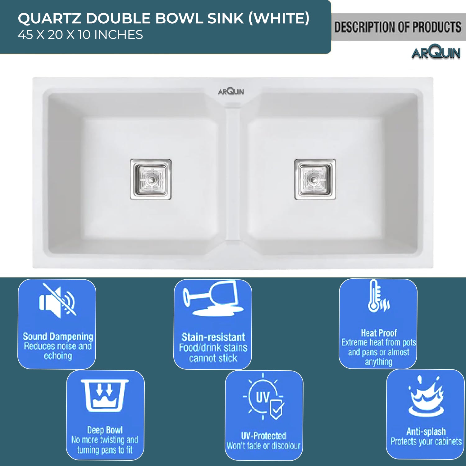 45x20x10Inch White Quartz Double Bowl Kitchen Sink