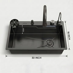 Waterfall Smart Kitchen Sink (30 x 18 x 9 Inches) | Stainless Steel Sink