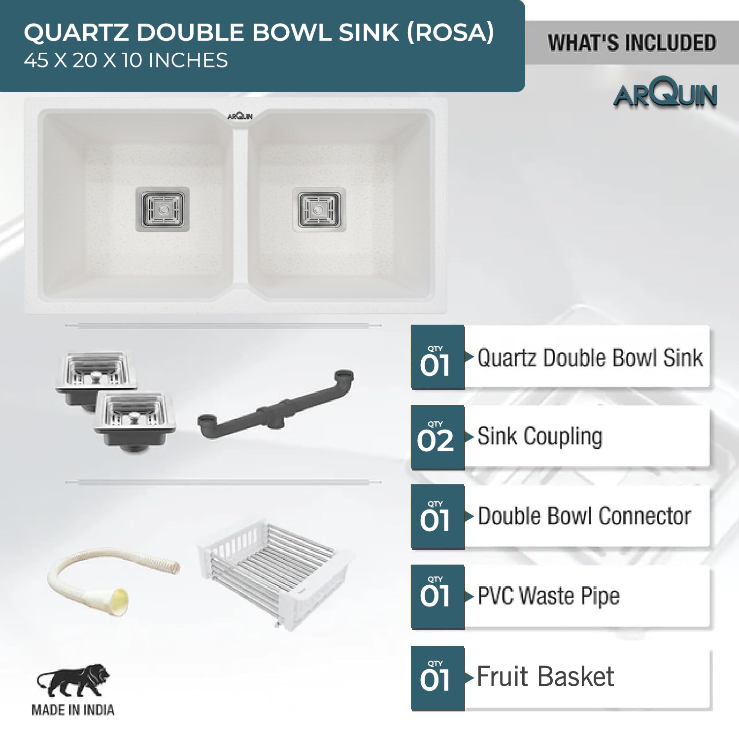 45x20x10 Inch Rosa Quartz Double Bowl Kitchen Sink
