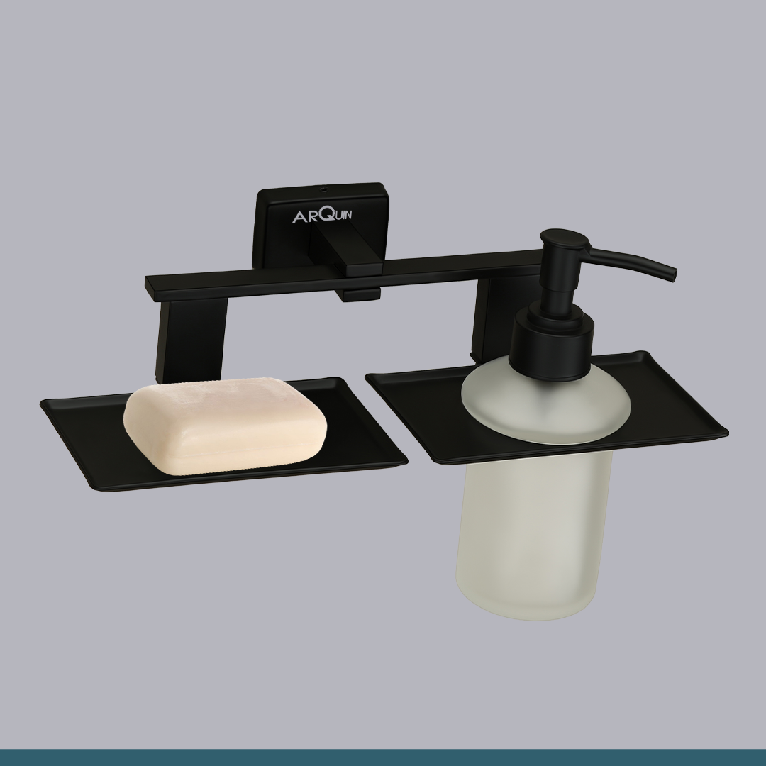 Stainless Steel Black Matt Soap Dish & Liquid Soap Dispenser for Bathroom (25.8X13X15.5 CM)