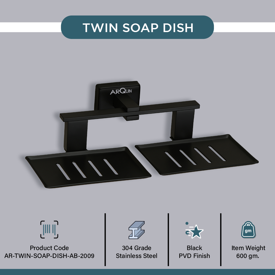 Stainless Steel Black Matt Twin Soap Dish Holder for Bathroom (26X13X6.3 CM)