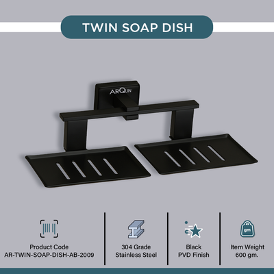 Stainless Steel Black Matt Twin Soap Dish Holder for Bathroom (26X13X6.3 CM)