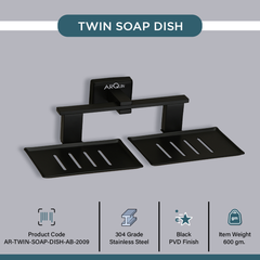 Arquin Stainless Steel Black Matt Twin Soap Dish Holder for Bathroom (26X13X6.3 CM)