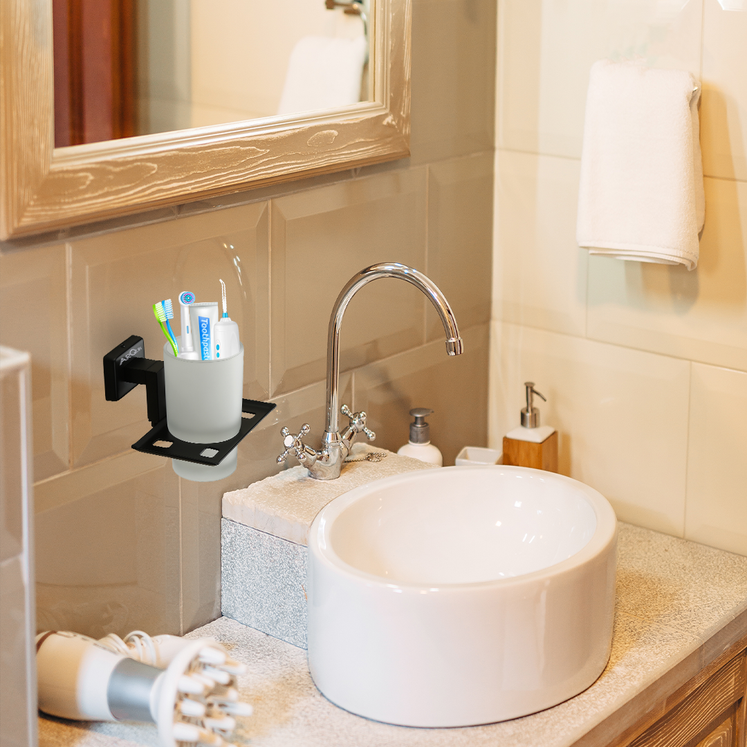 Stainless Steel Black Matt Tumbler Holder for Bathroom (12.4X12.3X9.5 CM)