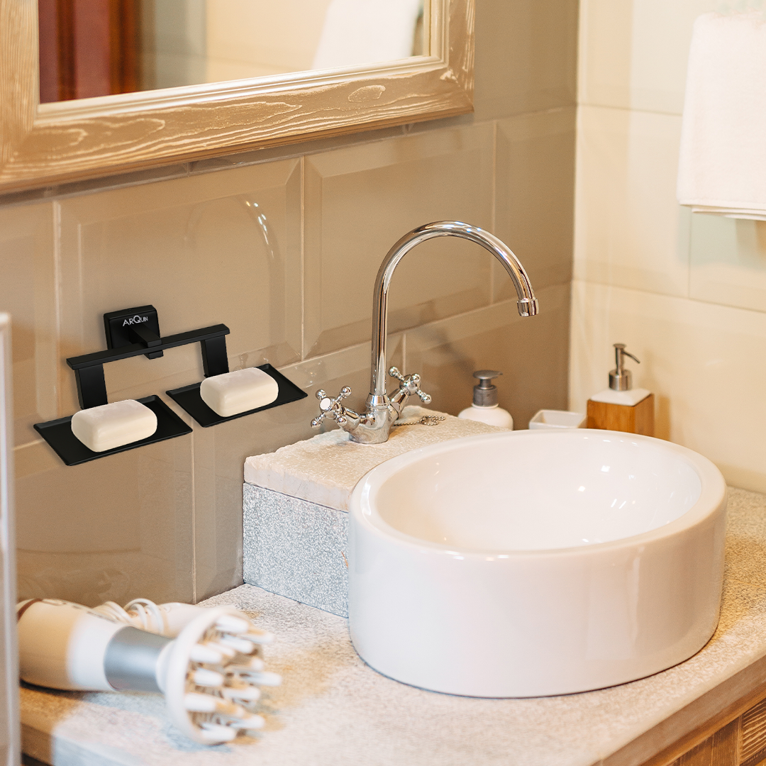 Stainless Steel Black Matt Twin Soap Dish Holder for Bathroom (26X13X6.3 CM)