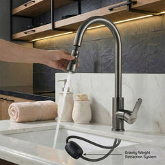 Waterfall Pull Down Kitchen Sink Faucet | Kitchen Mixer Tap | Mechanical Docking, Deck Mounted | 360° Swivel |