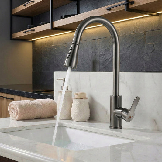 ARQUIN Waterfall Pull Down Kitchen Sink Faucet | Kitchen Mixer Tap | Mechanical Docking, Deck Mounted | 360° Swivel |