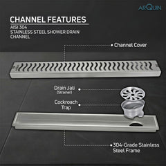 Shower Water Drain Channel SS 304 Grade with Cockroach Trap (12X4 Inch)