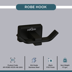 Arquin Stainless Steel Black Matt Robe Hook for Bathroom (9.3X5.2X3.6 CM)