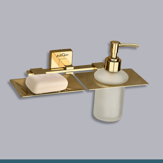 Arquin Stainless Steel Gold Soap Dish & Liquid Soap Dispenser for Bathroom (25.5X15X15.5 CM)