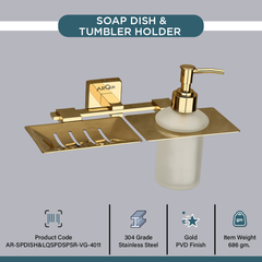 Arquin Stainless Steel Gold Soap Dish & Liquid Soap Dispenser for Bathroom (25.5X15X15.5 CM)