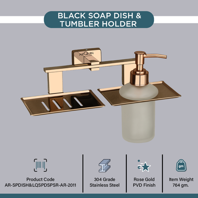 Stainless Steel Rose Gold Soap Dish & Liquid Soap Dispenser for Bathroom (25.8X13X15.5 CM)