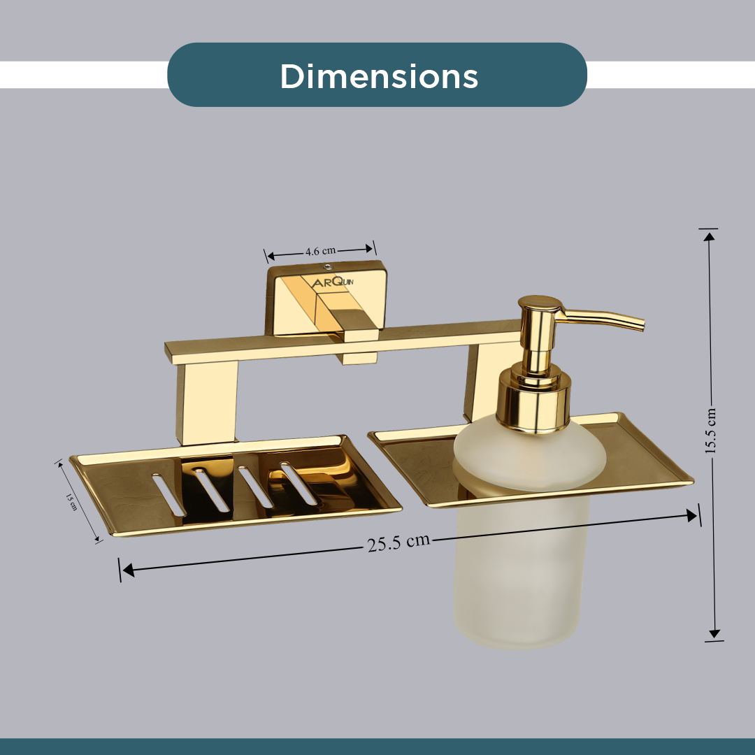 Stainless Steel Gold Soap Dish & Liquid Soap Dispenser for Bathroom (25.8X13X15.5 CM)