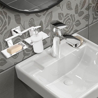 Stainless Steel Chrome Soap Dish & Liquid Soap Dispenser for Bathroom (25.8X13X15.5 CM)