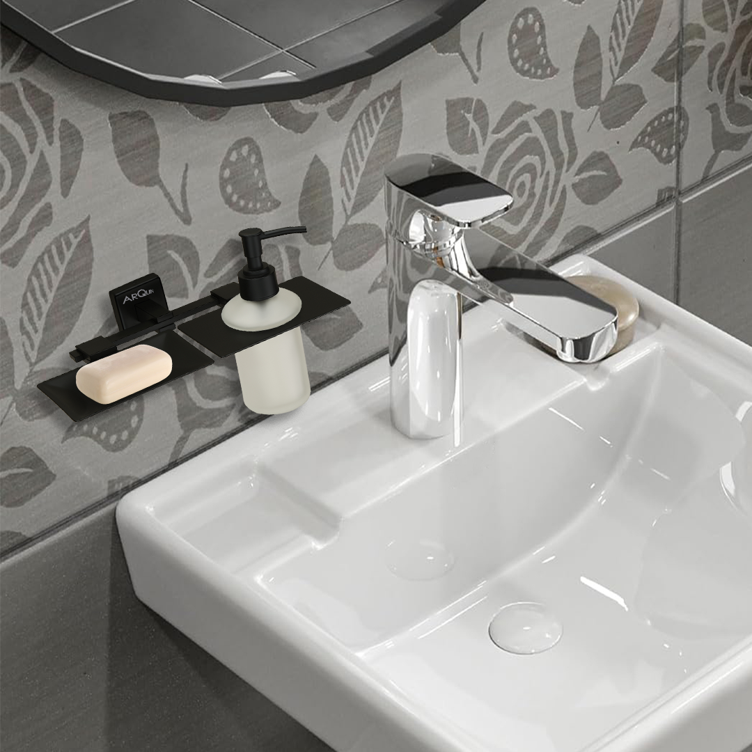 Black Matt Soap Dish & Liquid Soap Dispenser (25.5X15X15.5 CM)
