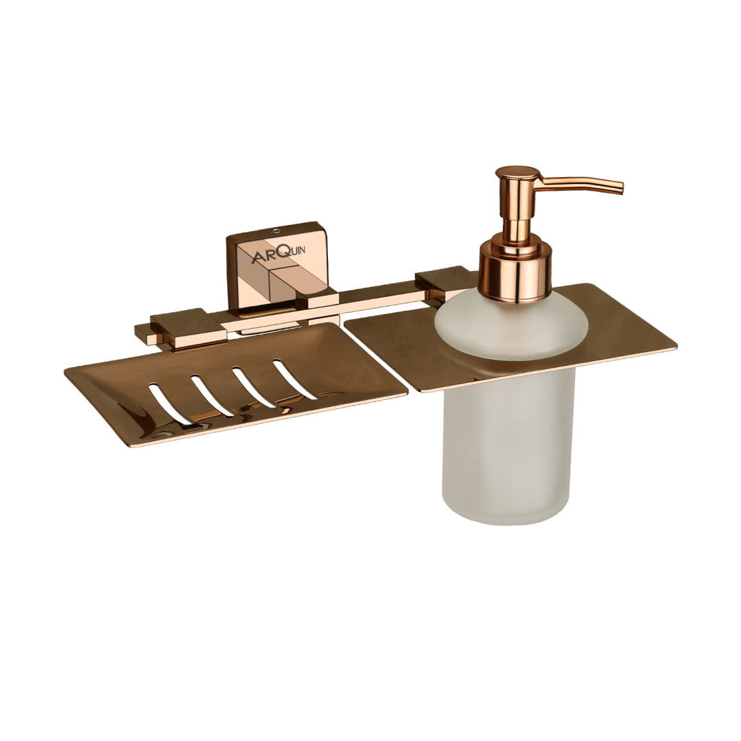 Stainless Steel Rose Gold Soap Dish & Liquid Soap Dispenser for Bathroom (25.5X15X15.5 CM)