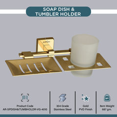 Arquin Stainless Steel Gold Soap Dish & Tumbler Holder for Bathroom (25.5X15X9.5 CM)