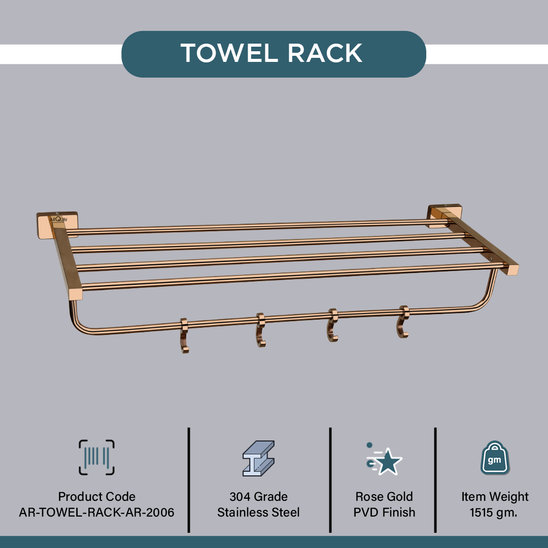 Stainless Steel Rose Gold Towel Rack for Bathroom (63.5X21.2X12.5 CM)