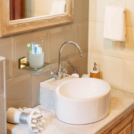 Arquin Stainless Steel Gold Tumbler Holder for Bathroom (12.5X12.3X9.5 CM)