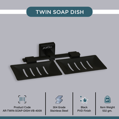 Arquin Stainless Steel Black Matt Twin Soap Dish for Bathroom (25.3X15X4.6 CM)