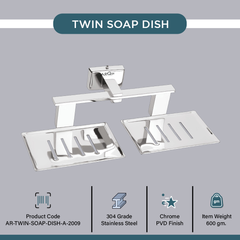 Arquin Stainless Steel Chrome Twin Soap Dish for Bathroom (26X13X6.3 CM)