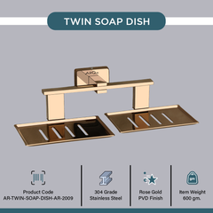 Arquin Stainless Steel Rose Gold Twin Soap Dish for Bathroom (26X13X6.3 CM)