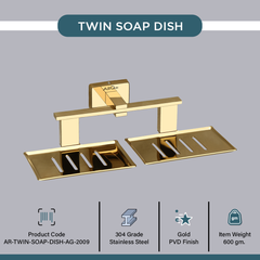 Arquin Stainless Steel Gold Twin Soap Dish for Bathroom (26X13X6.3 CM)