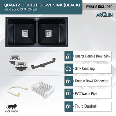 45x20x10 Inch Black Quartz Double Bowl Kitchen Sink