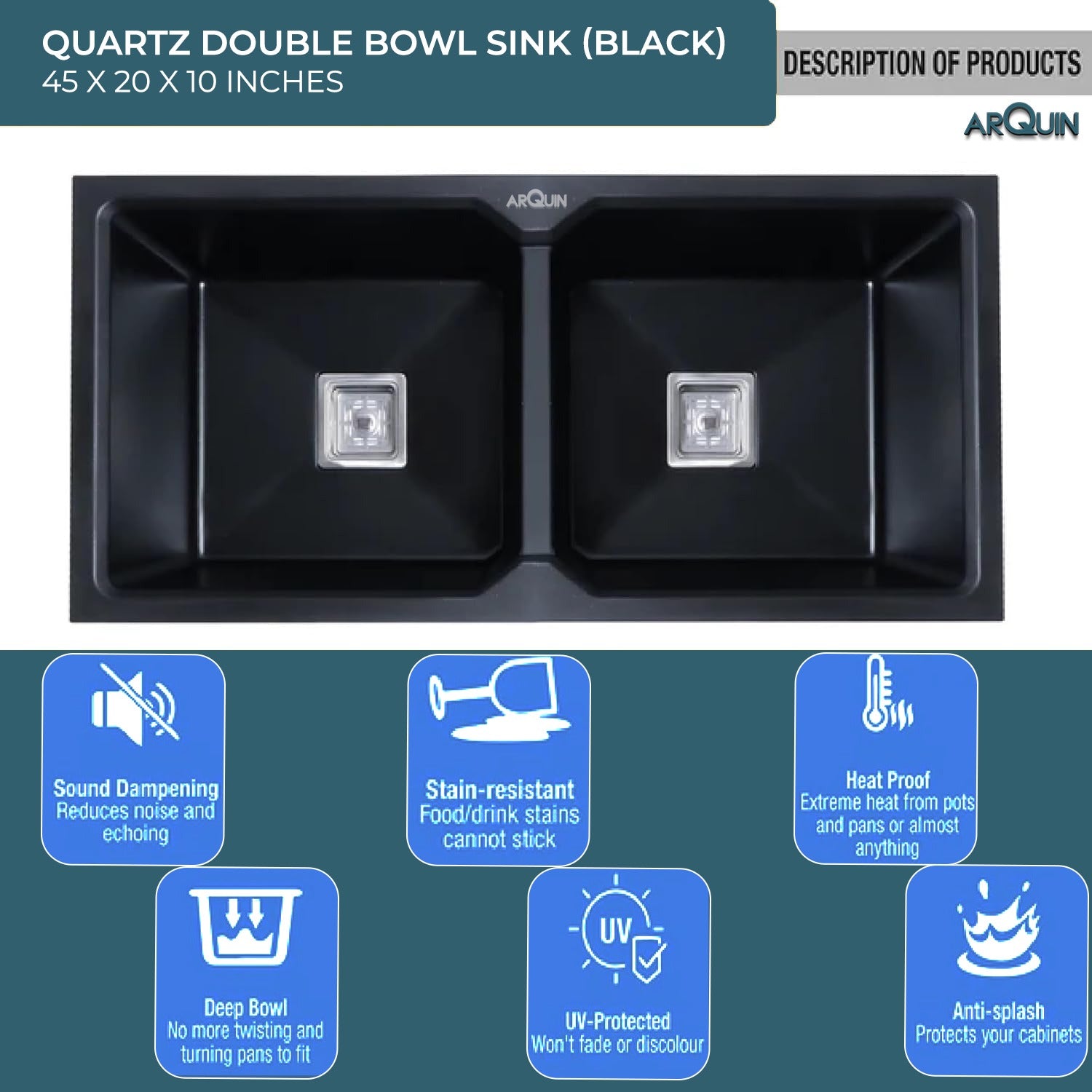 45x20x10 Inch Black Quartz Double Bowl Kitchen Sink