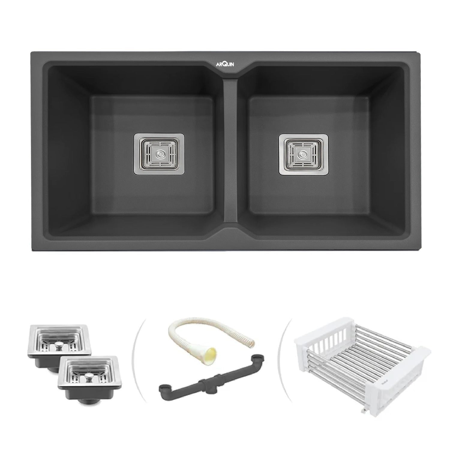 37x18x9 Inch Grey Quartz Double Bowl Kitchen Sink
