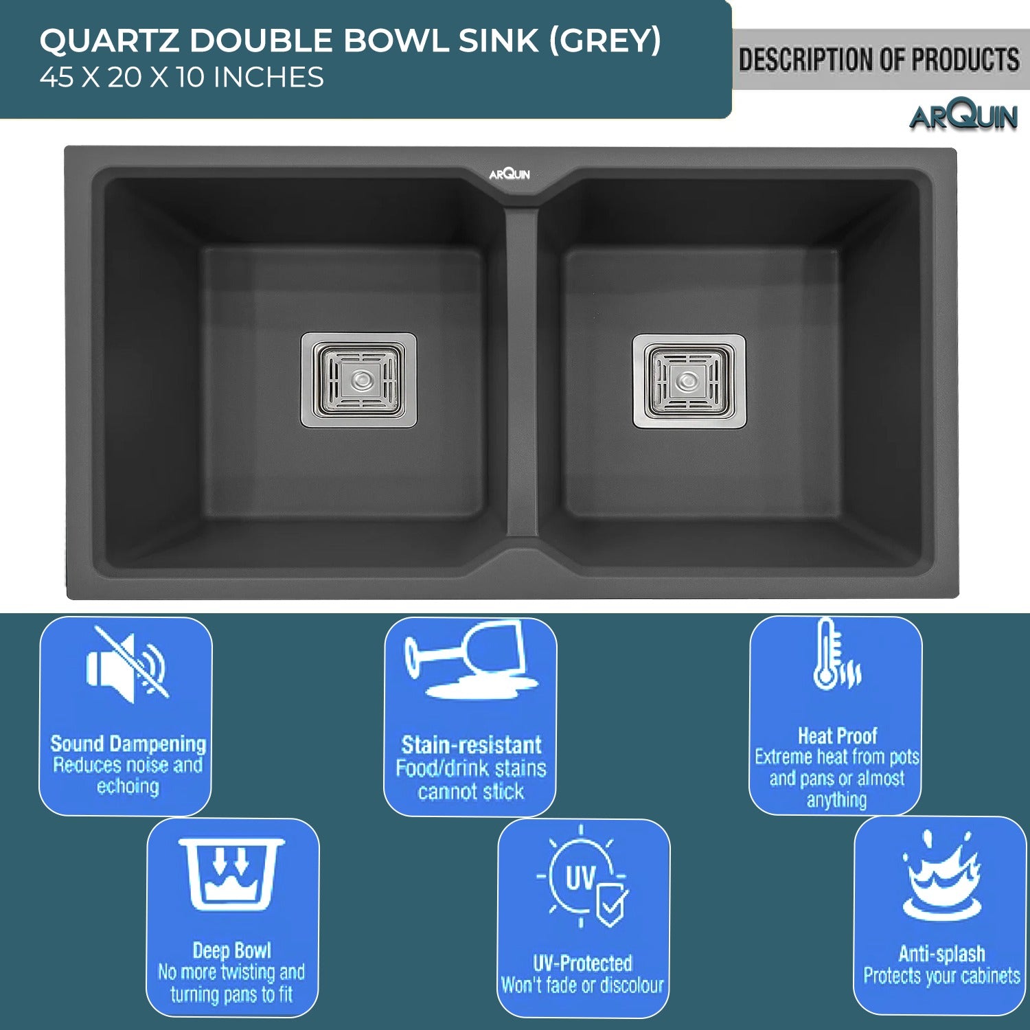45x20x10 Inch Grey Quartz Double Bowl Kitchen Sink