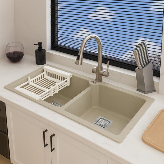 Quartz Double Bowl Kitchen Sink (45 x20 x 10 Inches) ( Choco White)