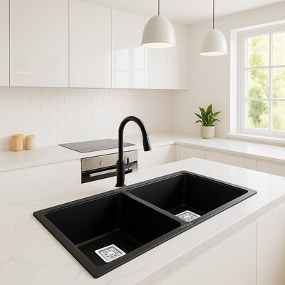 45x20x10 Inch Black Quartz Double Bowl Kitchen Sink