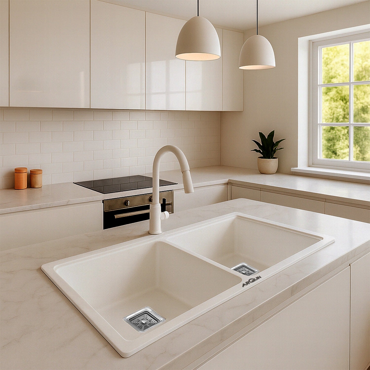 37x18x9 Inch White Quartz Double Bowl Kitchen Sink