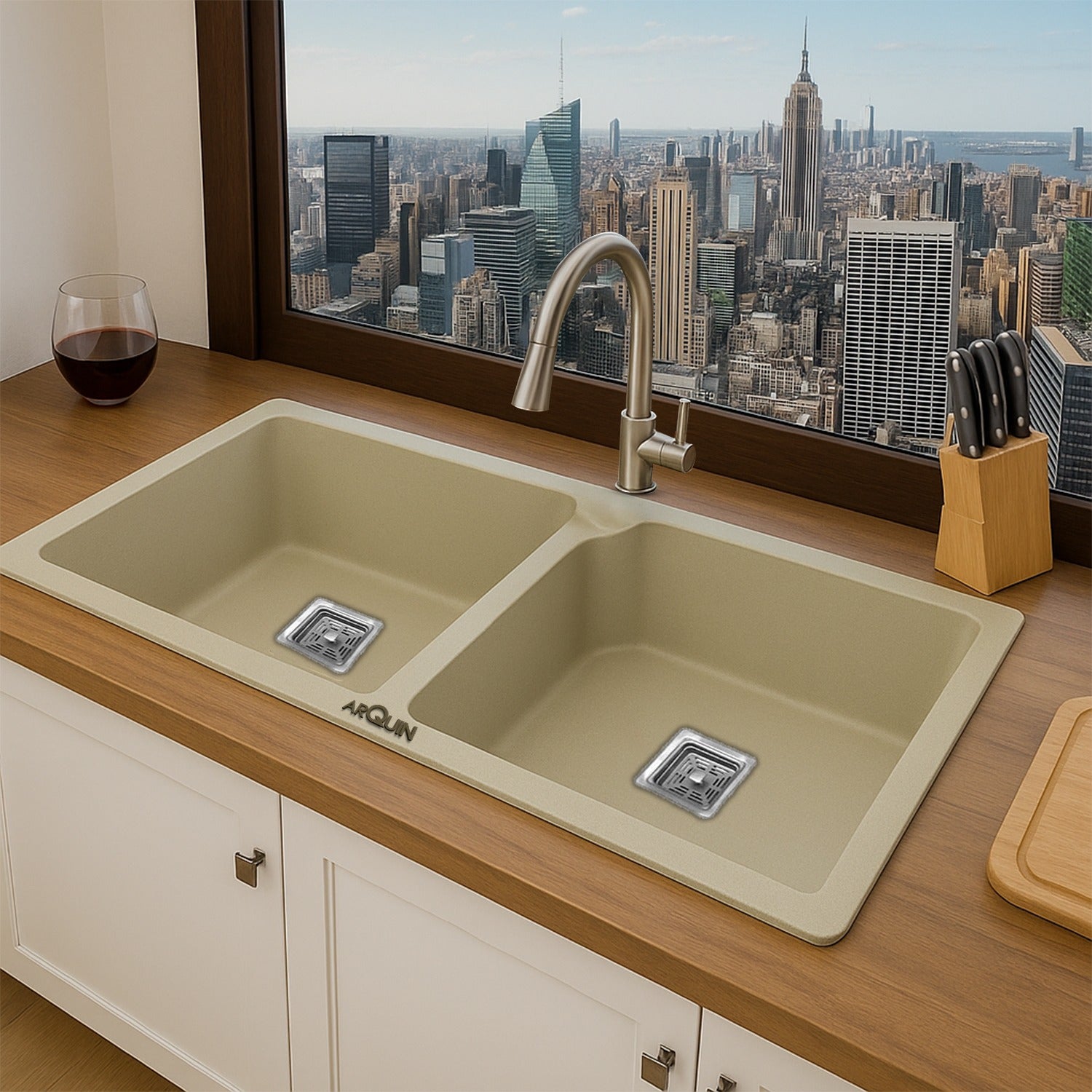 37x18x9 Inch Choco White Quartz Double Bowl Kitchen Sink