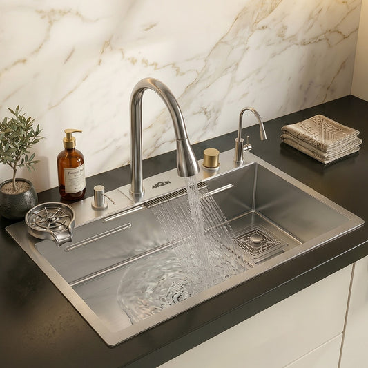 Waterfall Smart Kitchen Sink ( 30"x18"x9) | Stainless Steel Sink | Silver