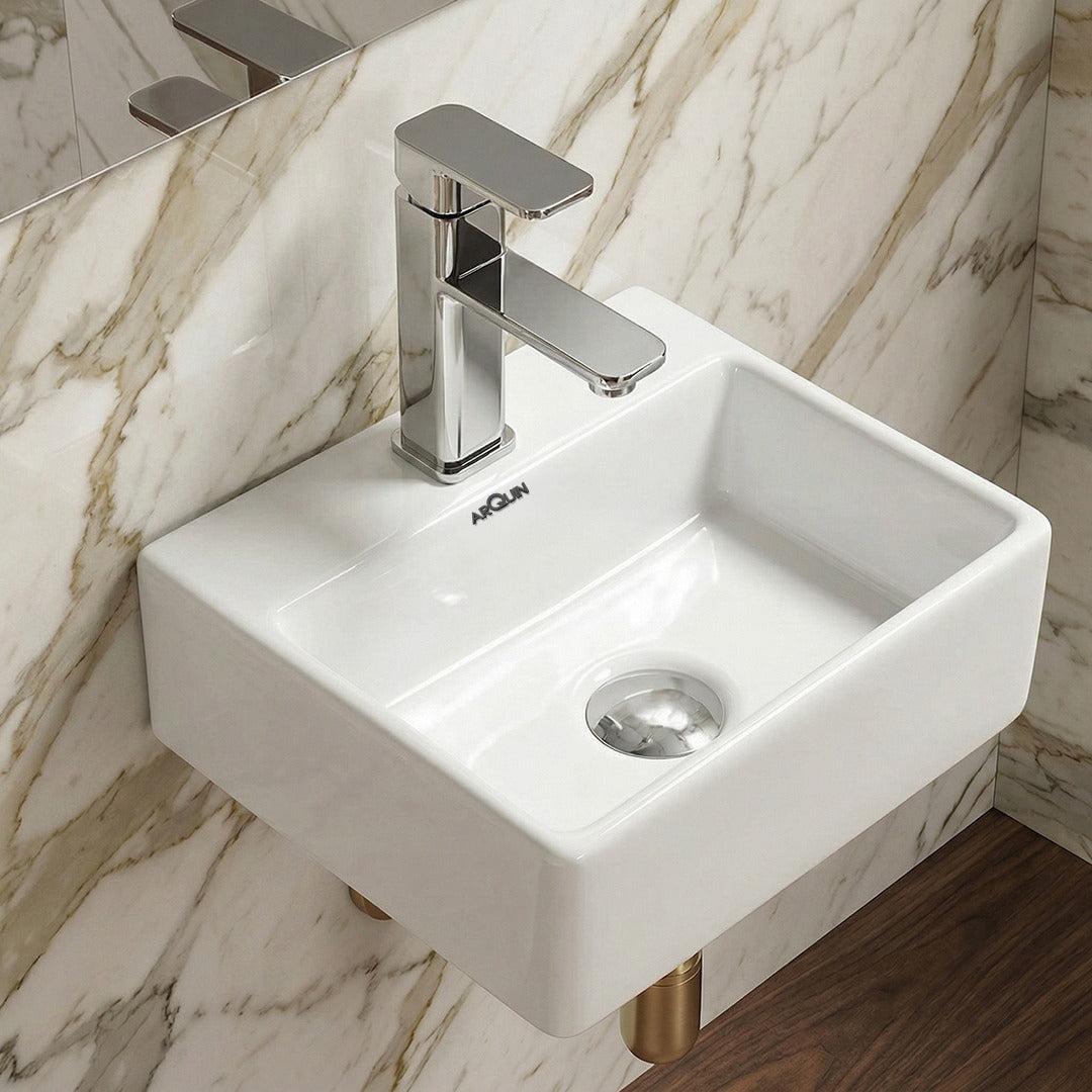 Platinum Ceramic Wall Hung Washbasin for Bathroom | Wall Mounted Rectangular Sink| Ceramic Wall Hung Small Bathroom Basin CUBA