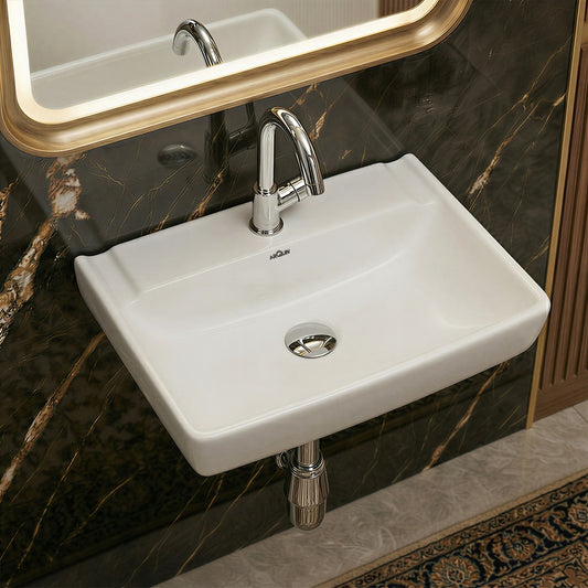 Platinum Ceramic Wall Hung Washbasin for Bathroom | Wall Mounted Rectangular Sink Ceramic Wall Hung Small Bathroom Basin PLANO