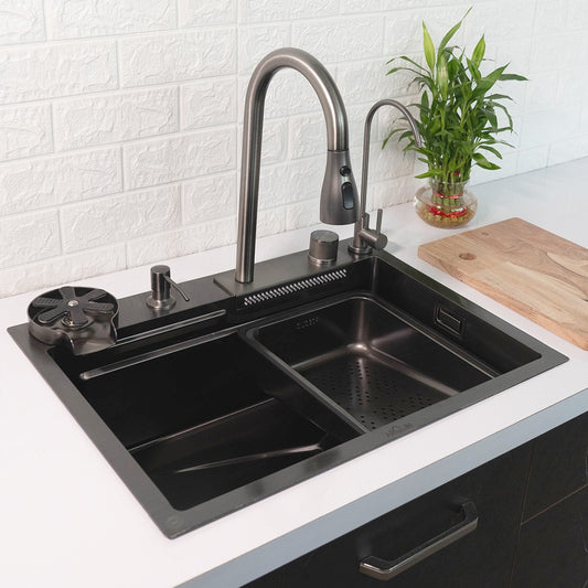 Kitchen Sink 24"x18"x9"Inch Single Bowl Waterfall Sink 304 Grade Stainless Steel