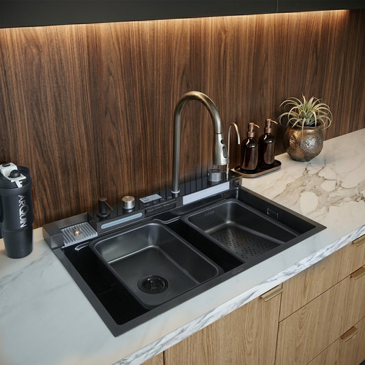 Piano Waterfall Kitchen Sink (30 x 18 x 9 Inches) | Heavy Grade Stainless Steel Sink
