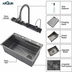 Piano Waterfall Kitchen Sink (30 x 18 x 9 Inches) | Heavy Grade Stainless Steel Sink