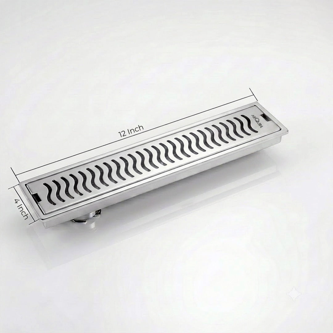Shower Water Drain Channel SS 304 Grade with Cockroach Trap (12X4 Inch)