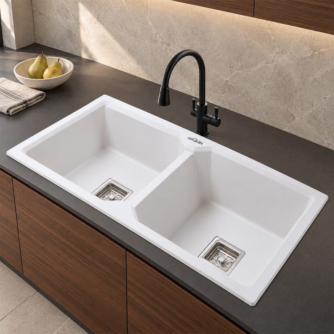 45x20x10Inch White Quartz Double Bowl Kitchen Sink