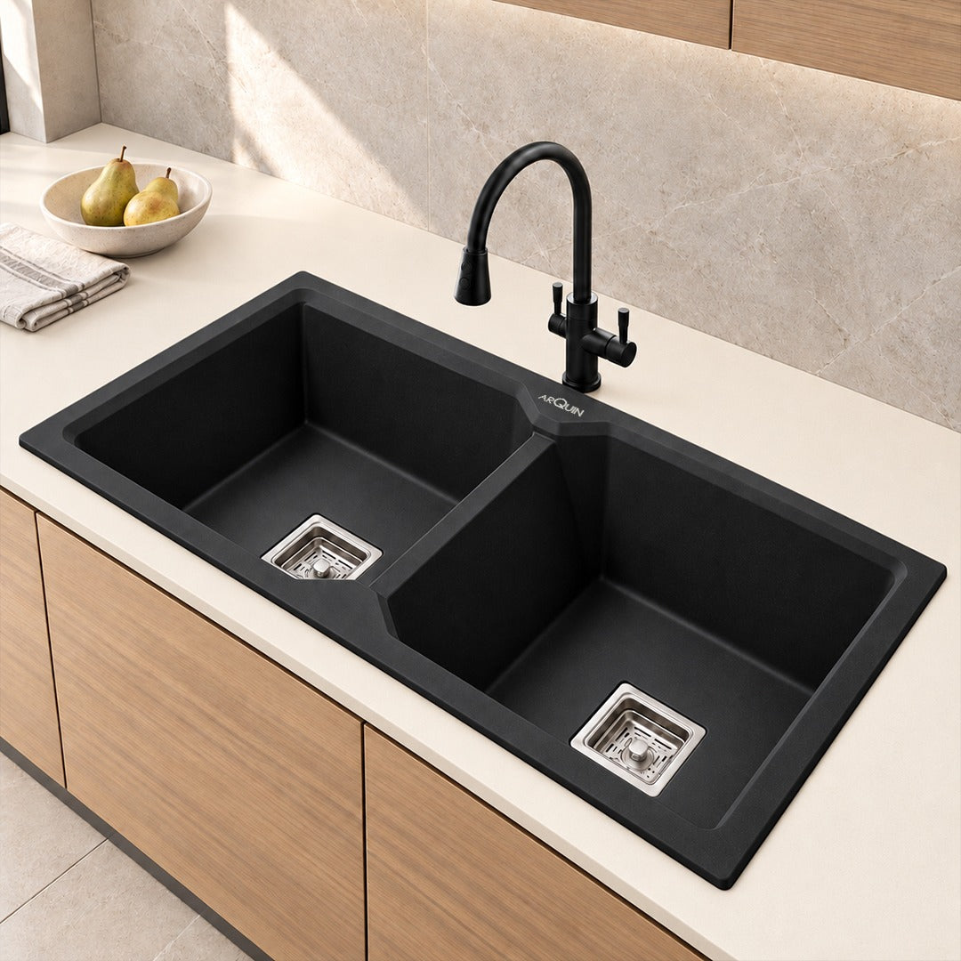 37x18x9 Inch Black Quartz Double Bowl Kitchen Sink