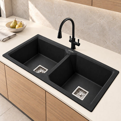 37x18x9 Inch Black Quartz Double Bowl Kitchen Sink
