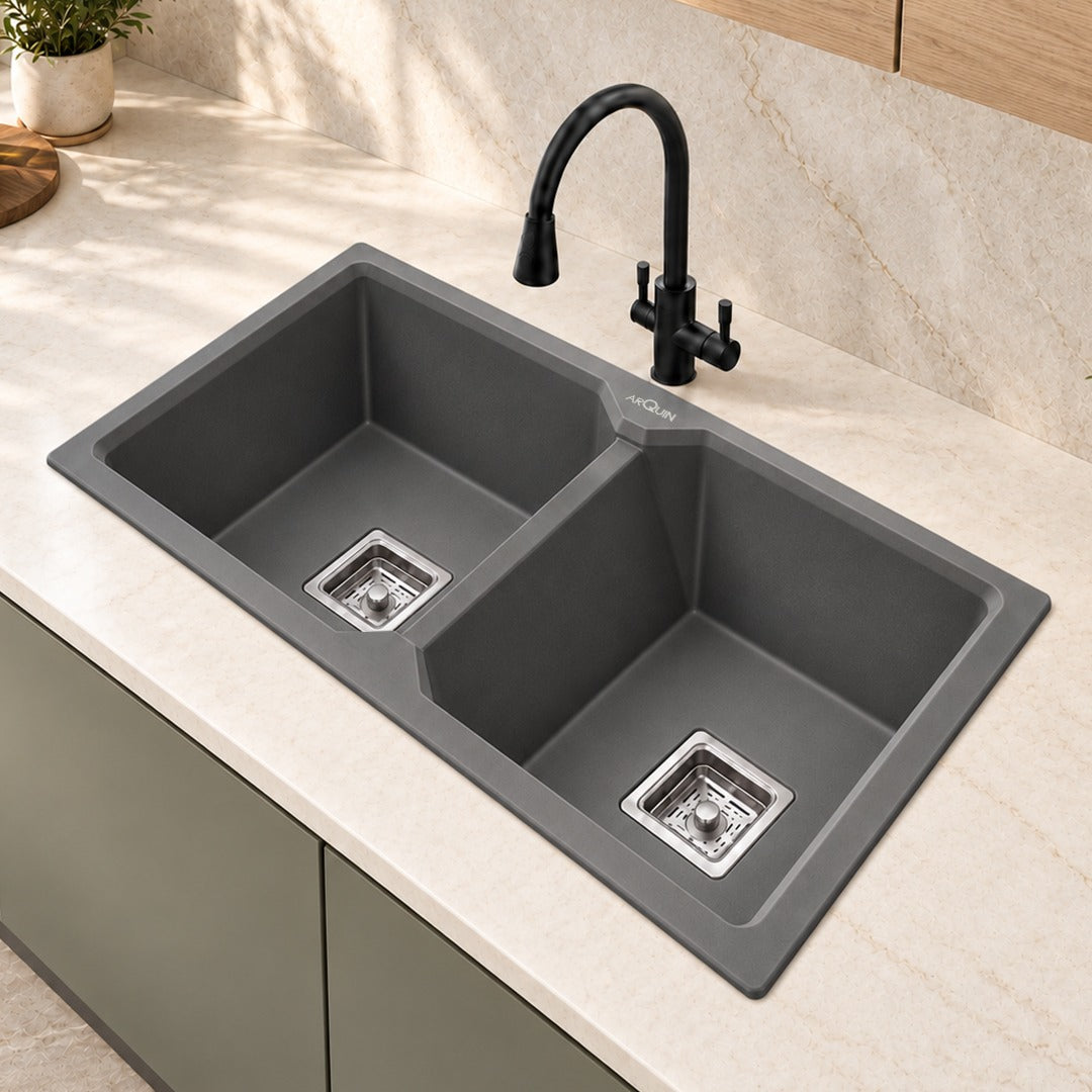 37x18x9 Inch Grey Quartz Double Bowl Kitchen Sink