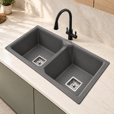 37x18x9 Inch Grey Quartz Double Bowl Kitchen Sink