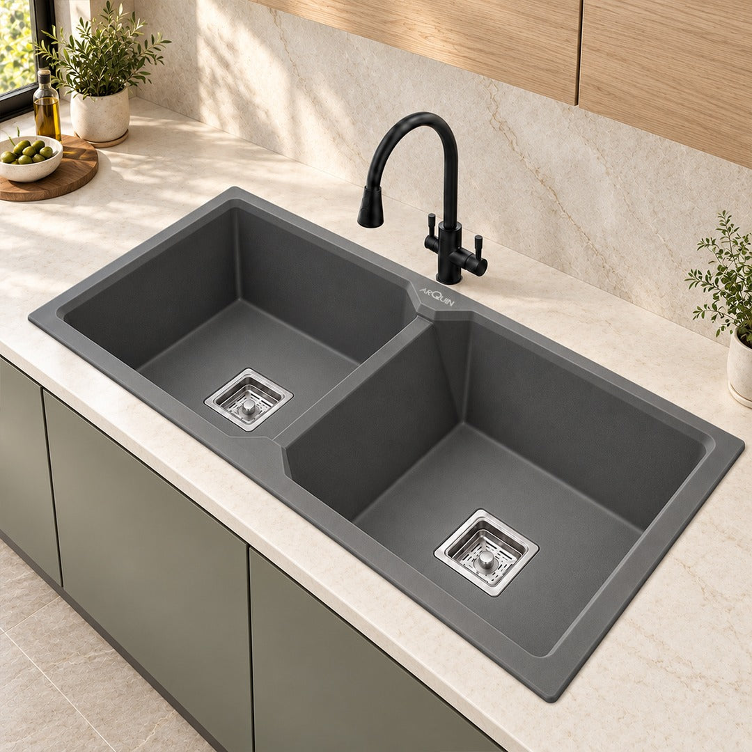 45x20x10 Inch Grey Quartz Double Bowl Kitchen Sink
