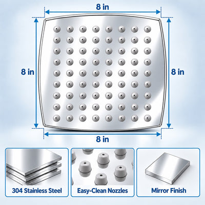 Rain Shower Head without Arm 304 Stainless Steel Overhead Shower 8x8 Inch (CURVE)