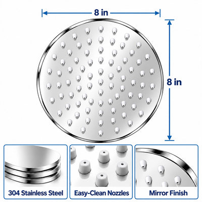 Rain Shower Head without Arm 304 Stainless Steel Overhead Shower 8x8 Inch (ELEGANCE ROUND)